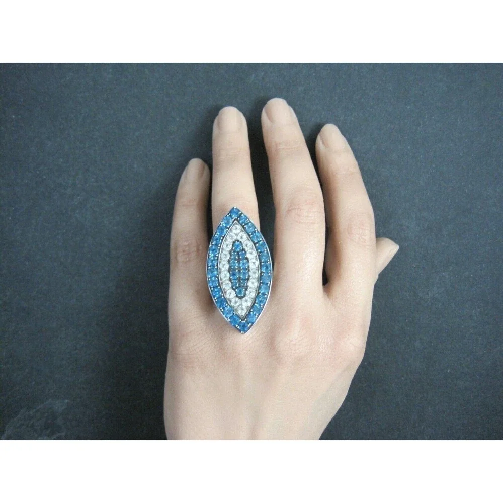 Large Sterling Blue & White Topaz Eye Ring Size 6